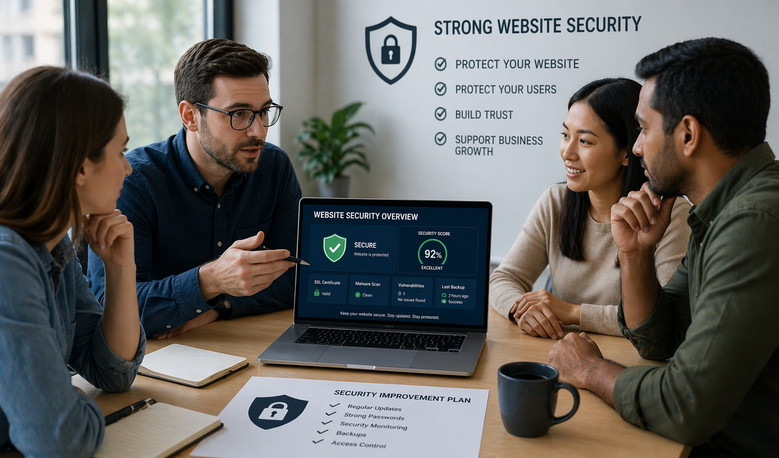 Business team planning website security improvements